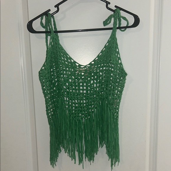 bluevelvet Tops - Green Crochet Fringe Top